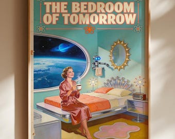 Retro Space Age Bedroom Poster, Atomic Pin Up Wall Art, Glam Bedroom Decor
