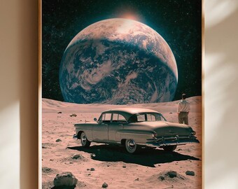Moon Road Trip Poster, Retro Futurism Space Collage Wall Art, Vintage Sci Fi Decor