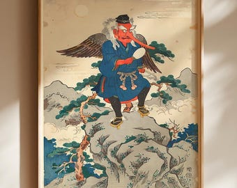 Japanese Tengu Poster, Ukiyo-e Mountain Spirit Wall Art, Japanese Folklore Home Decor