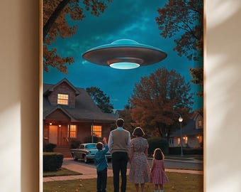 Retro Futuristic UFO Poster, Flying Saucer Suburbia, Vintage Space Age Wall Art