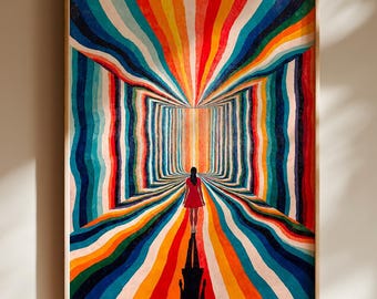 Op Art Woman Surreal Poster, Retro 70s Psychedelic Wall Art, Colorful Maximalist Decor