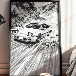 JDM Drift Manga Poster Black White Car Wall Art, Anime Racing Print, Touge Mountain Road, Speed Culture Gift
