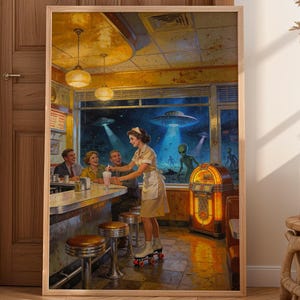 Alien Invasion Diner-affisch, retro sci-fi-väggkonst från 1950-talet, vintage Americana-dekor