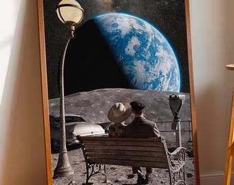 Retro Futuristic Couple Poster, Vintage Moon Wall Art, Romantic Anniversary Gift