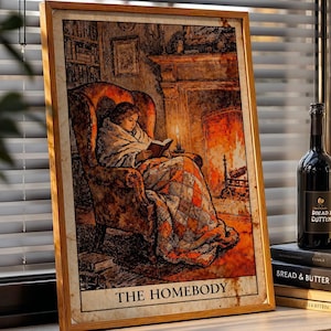 May include: A framed rectangular print titled THE HOMEBODY featuring an illustration of a person reading in an armchair by a fireplace, placed next to a stack of three books and a dark glass wine bottle with a label reading BREAD & BUTTER.