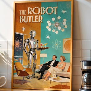 Robot Butler Retro Poster, 1950s Mid-Century Wall Art Print, Atomic Age Living Room Decor, Vintage Gift