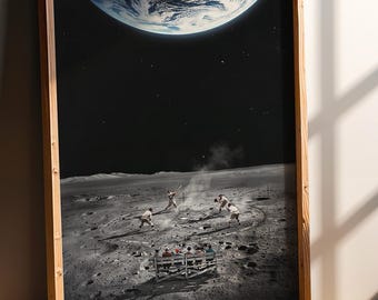 Vintage Baseball Surreal Poster, Lunar Space Age Wall Art, Sports Fan Room Decor