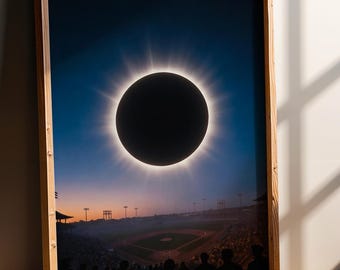 Solar Eclipse Poster, Vintage Baseball Wall Art, Surreal Retro futuristic Americana Decor