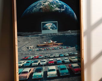 Moon Drive In Poster, Retro Futurism Space Wall Art, Mid Century Atomic Age Decor