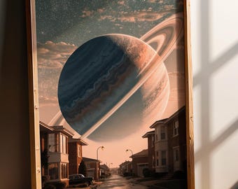 Surreal Space Poster, Saturn Planet Wall Art, Retrofuturism Dreamy Cosmic Decor