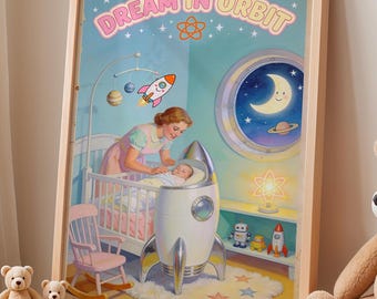 Space Nursery Poster, Retro Rocket Baby Wall Art, Pastel Kids Room Decor