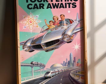 Flying Car Poster, Retro Futurism Atomic Age Wall Art, 1950s Sci Fi Decor
