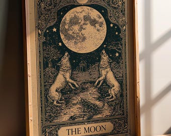 The Moon Tarot Poster, Major Arcana XVIII Wall Art, Occult Wolf Print, Witchy Room Decor