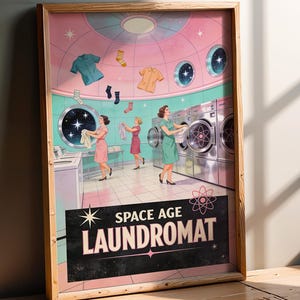 Poster in 1950s retrofuturist style. Three women in retro dresses run a space laundromat in zero gravity: socks and shirts floating in the air, chrome washing machines with atomic symbols, round porthole windows showing stars. Pastel pink and mint dome interior. "SPACE AGE LAUNDROMAT" lettering on black banner at the bottom. Grainy vintage texture.