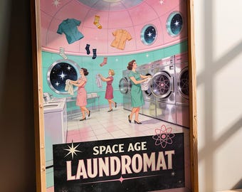 Space Age Laundromat Retro Poster, 1950s Funny Wall Art Print, Atomic Laundry Room Decor, Vintage Gift