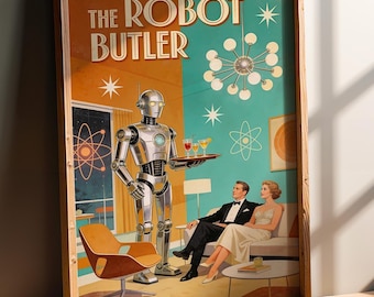 Robot Butler Retro Poster, 1950s Mid-Century Wall Art Print, Atomic Age Living Room Decor, Vintage Gift