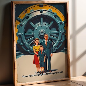 Atomic Age Family Poster, Retro Futurism Vault Wall Art, 1950s Propaganda Print, Sci-Fi Home Decor