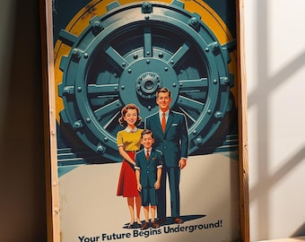 Atomic Age Family Poster, Retro Futurism Vault Wall Art, 1950s Propaganda Print, Sci-Fi Home Decor