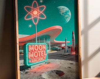 Moon Motel Retro Space Poster, 1950s Neon Sign Wall Art Print, Atomic Age Lunar Decor, Vintage Sci-Fi Gift