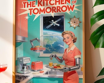 Kitchen of Tomorrow Retro Poster, 1950s Futurism Wall Art Print, Atomic Age Kitchen Decor, Vintage Gift