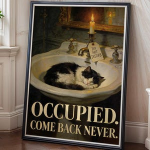 May include: Framed art print showing a black and white cat asleep in a porcelain sink. The print includes the text "OCCUPIED. COME BACK NEVER." A candle and a "DO NOT DISTURB" tag are also visible.