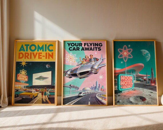 Retro Futurism Set 3 Posters, 1950s Atomic Age Wall Art Print, Mid Century Modern Decor, Vintage Gift