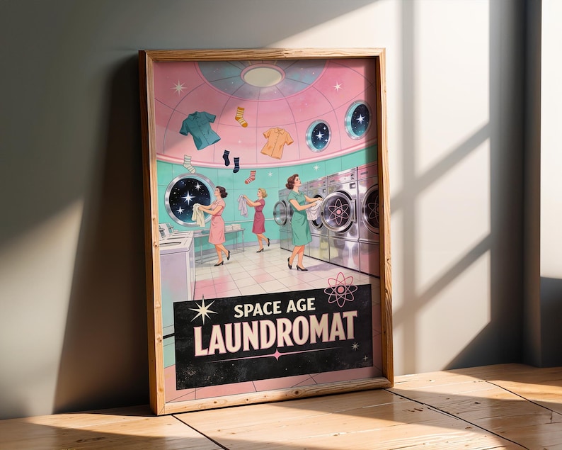 Poster in 1950s retrofuturist style. Three women in retro dresses run a space laundromat in zero gravity: socks and shirts floating in the air, chrome washing machines with atomic symbols, round porthole windows showing stars. Pastel pink and mint dome interior. "SPACE AGE LAUNDROMAT" lettering on black banner at the bottom. Grainy vintage texture.