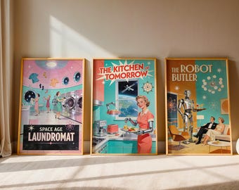 Retro Futurism Poster Set, Atomic Housewife Wall Art, Space Age Home Decor