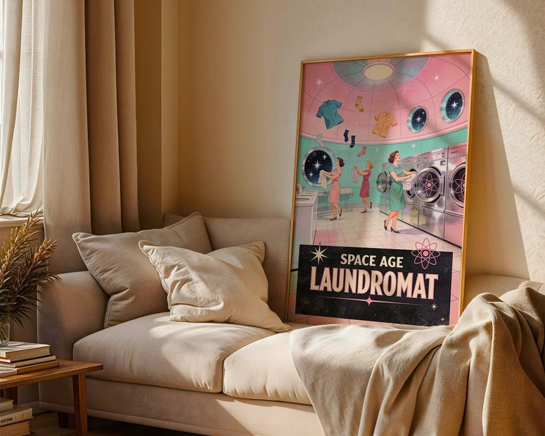 Space Age Laundromat Retro Poster, 1950s Funny Wall Art Print, Atomic Laundry Room Decor, Vintage Gift image 5