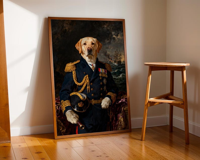 Labrador Using Telescope Admiral Labrador Dog Portrait Poster, Navy Dog Wall Art Print ...