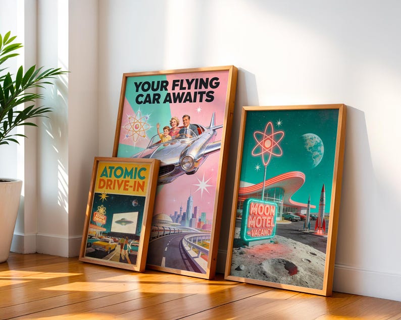 Retro Futurism Set 3 Posters, 1950s Atomic Age Wall Art Print, Mid Century Modern Decor, Vintage Gift image 4