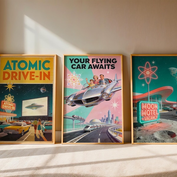 Retro Futurism Set 3 Posters, 1950s Atomic Age Wall Art Print, Mid Century Modern Decor, Vintage Gift