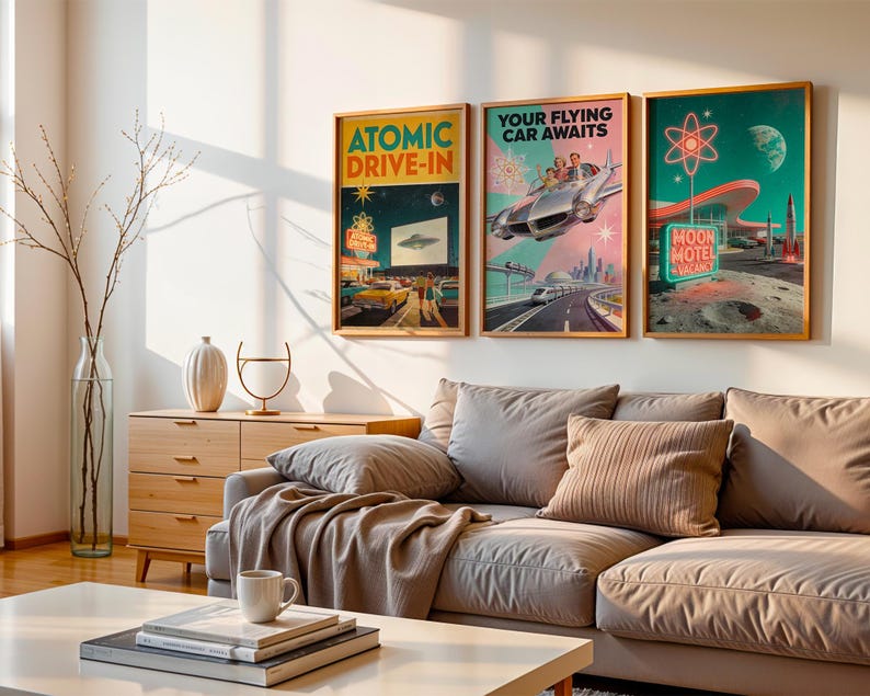 Retro Futurism Set 3 Posters, 1950s Atomic Age Wall Art Print, Mid Century Modern Decor, Vintage Gift image 3