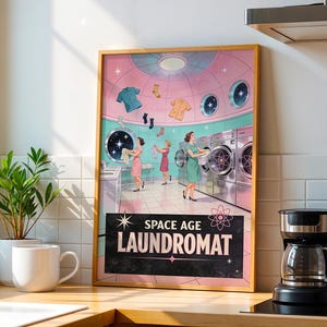 Space Age Laundromat Retro Poster, 1950s Funny Wall Art Print, Atomic Laundry Room Decor, Vintage Gift image 7