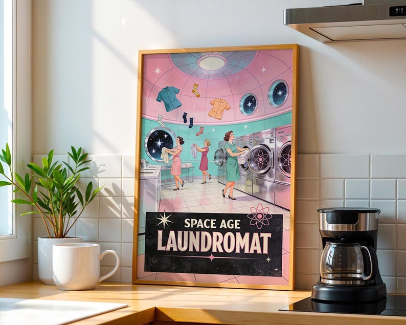 Space Age Laundromat Retro Poster, 1950s Funny Wall Art Print, Atomic Laundry Room Decor, Vintage Gift image 7