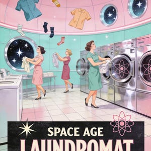Space Age Laundromat Retro Poster, 1950s Funny Wall Art Print, Atomic Laundry Room Decor, Vintage Gift image 2