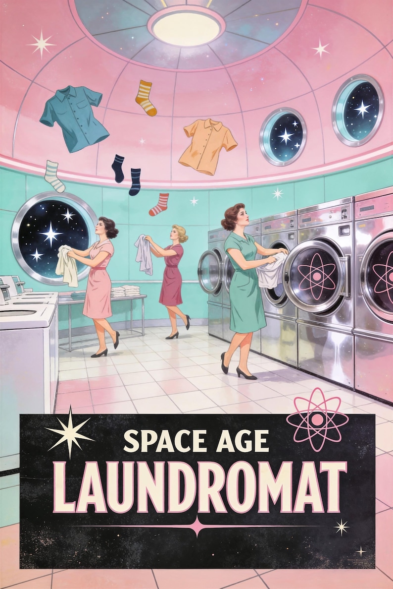 Space Age Laundromat Retro Poster, 1950s Funny Wall Art Print, Atomic Laundry Room Decor, Vintage Gift image 2