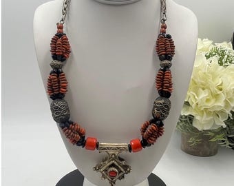 Antique Tribal Moroccan Berber Orange Mediterranean Coral Hirz amulet Necklace
