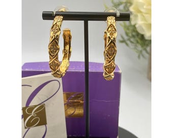 Elizabeth Taylor Avon Signed 1990 Vintage Gold Plated Pave Crystal Hoop Earring
