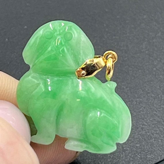 Natural Apple Green Jade Zodiac Dog Pendant 14K Gold Carved Chinese Good Luck