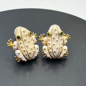 Real Collectibles by AdrienneArpel Cream Enamel Frog Clip-On Earrings Gold Tone