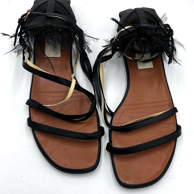 Valentino Garavani Native Black Leather Ostrich Feather Trim Sandal 37/US 6.5. image 6