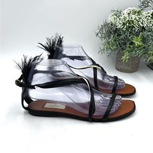 Valentino Garavani Native Black Leather Ostrich Feather Trim Sandal 37/US 6.5. image 2