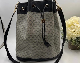 Gucci Italy Vintage 1980's GG Monogram Navy Gray Drawstring Bucket Bag