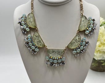 Betsey Johnson Stargazer Collection Green Lucite Star Crystal Pearl Bib Necklace