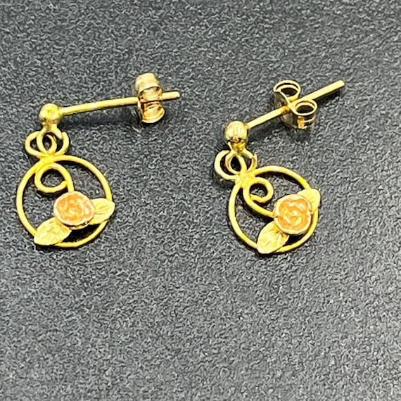 Black Hills Gold RGC 14K Vintage Marked Rose Flower Dangle Petite Earrings