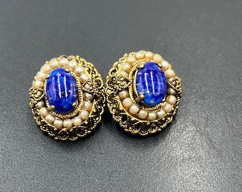 W. Germany Vintage Oval Blue Stone Faux Seed Pearl Gold Tone Clip On Earrings