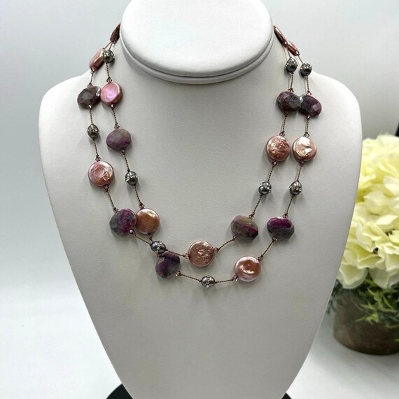Margo Morrison Raw Ruby Crystallized Gray Pearl Pink Pearl Swarovski Necklace
