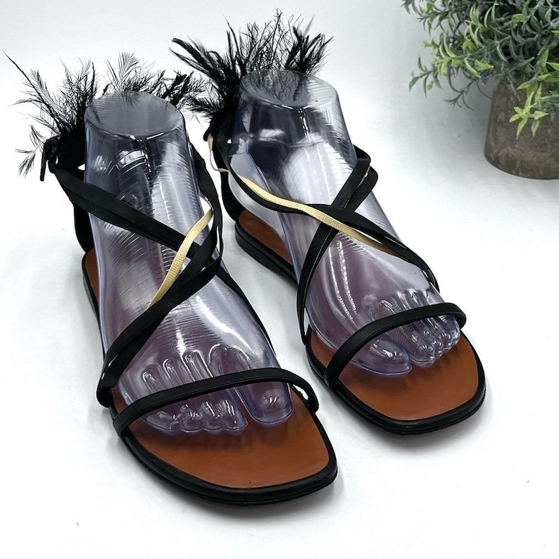 Valentino Garavani Native Black Leather Ostrich Feather Trim Sandal 37/US 6.5. image 1