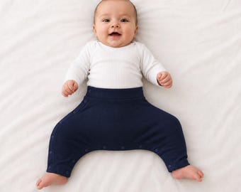 Adaptive Baby Pants for Hip Dysplasia – Navy Blue Snap Pants for Pavlik Harness, Hip Brace & Spica Cast | Easy Access Medical Baby Clothes